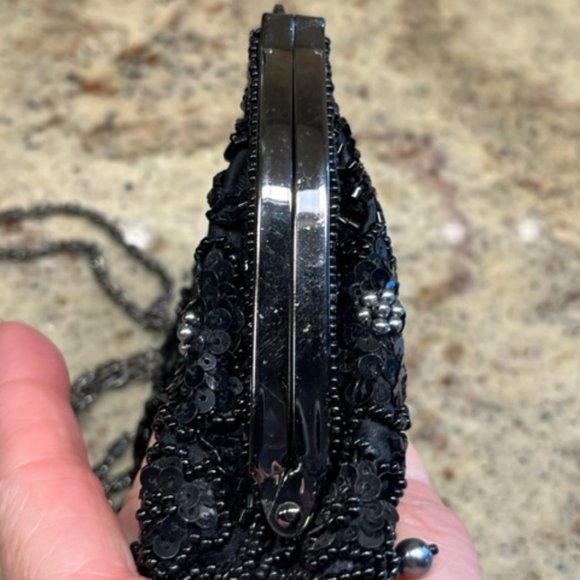 Mini-Purse: Black and Silver Beads, Black Sequins, & Gunmetal Gray Chain Strap - Picture 9 of 15